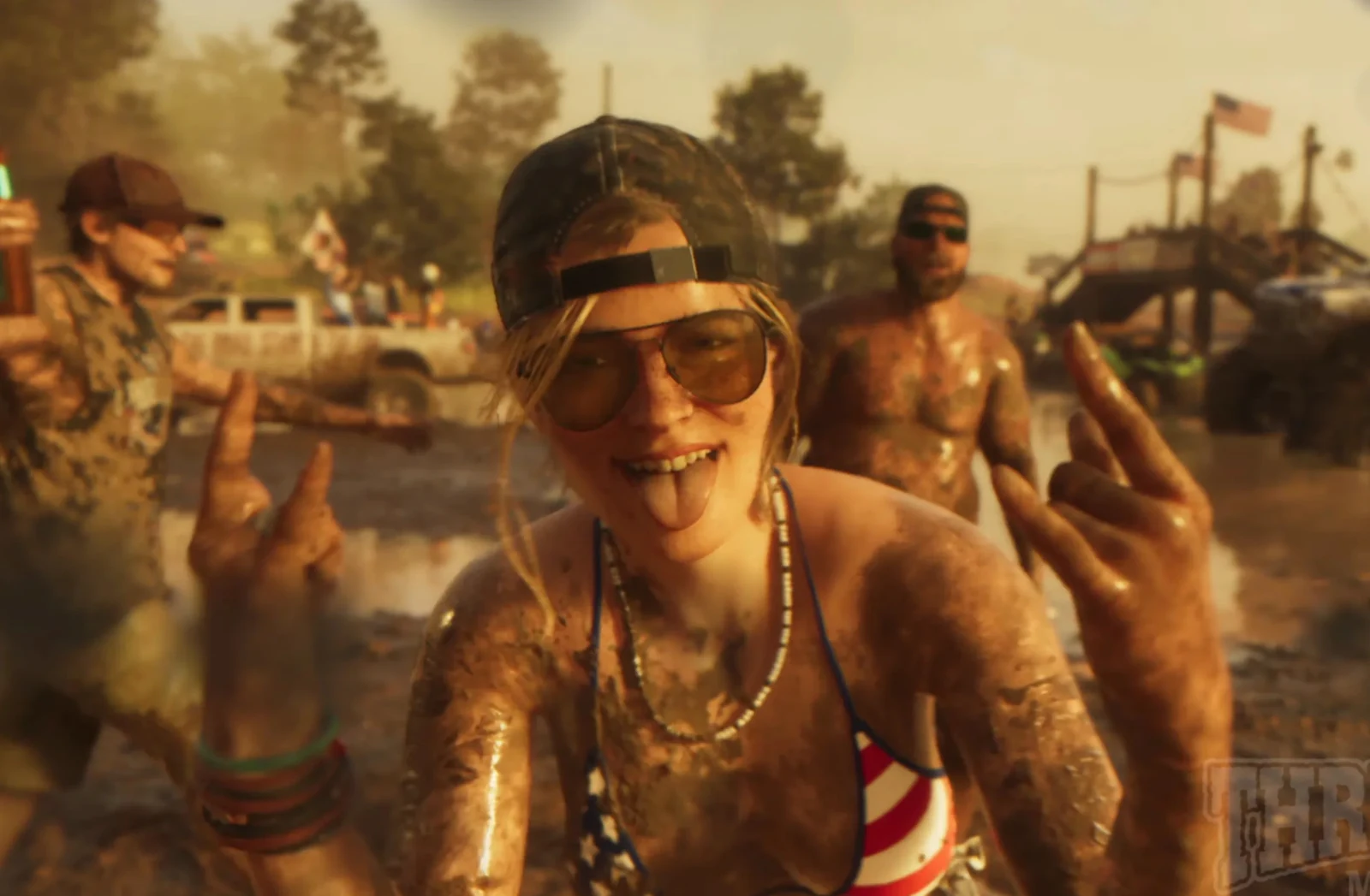 Woman covered in mud cheering at the Thrillbilly mud festival, Trailer 2.