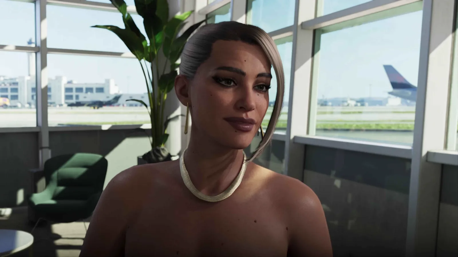 Valentina in close up at a private terminal lounge, wearing her pearl necklace with jets on the tarmac behind her in GTA 6.
