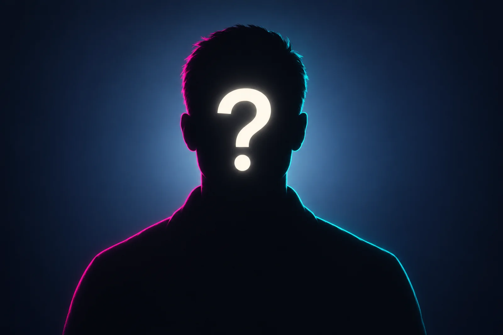 Dark placeholder silhouette of a man with a glowing question mark over the face, standing in for Yago until official art surfaces.