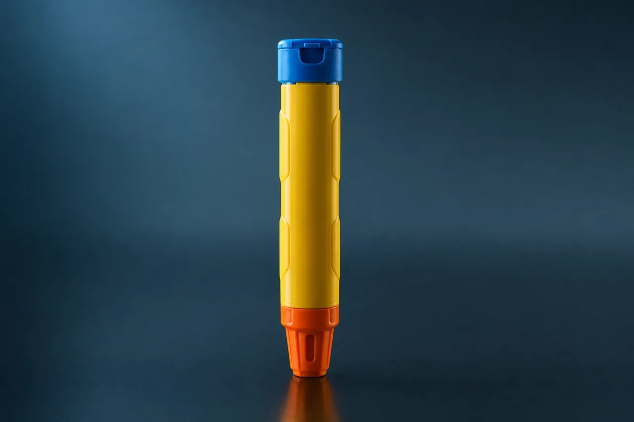 Yellow adrenaline auto-injector with a blue cap and orange needle end on a dark surface, placeholder render for the GTA 6 EpiPen item