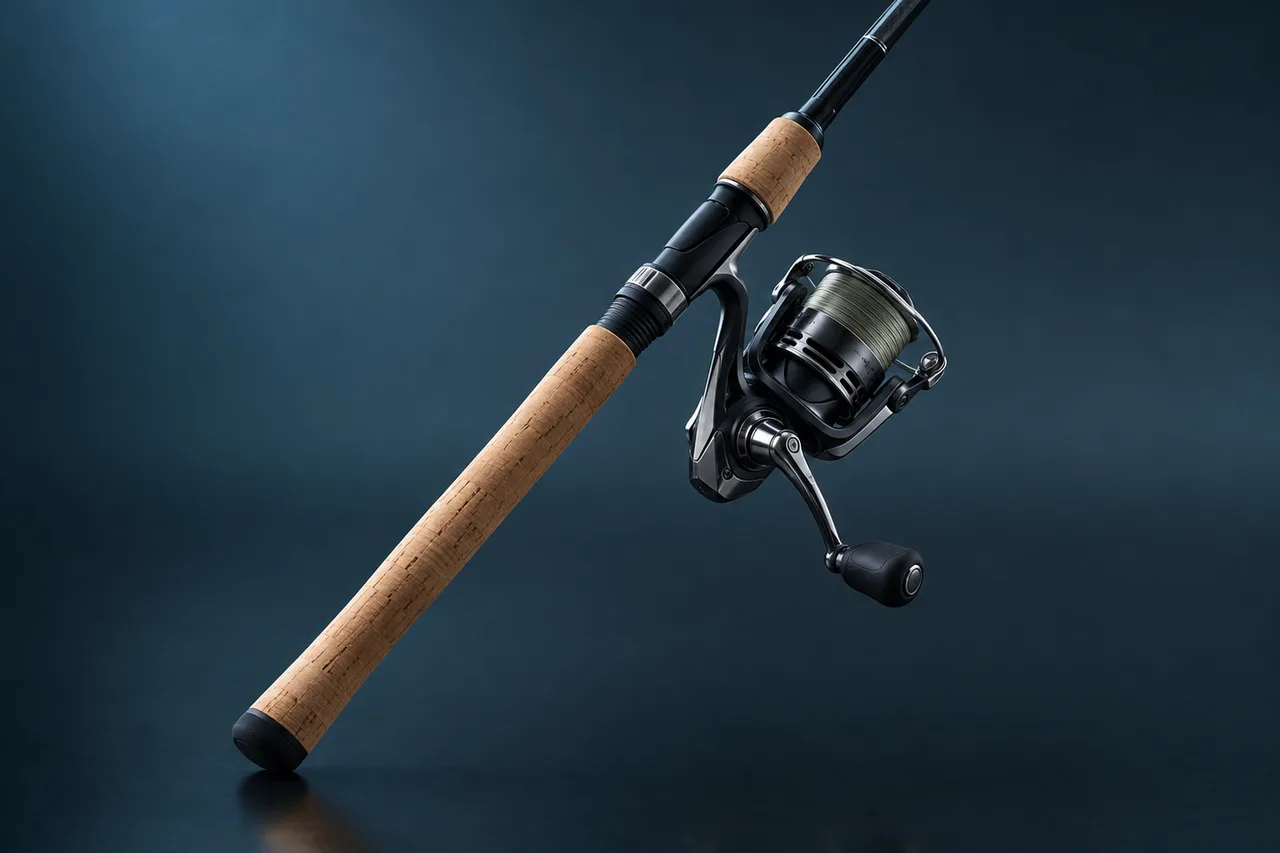 Fishing rod with cork handle and spinning reel leaning diagonally on a dark surface, placeholder render for the GTA 6 Fishing Rod