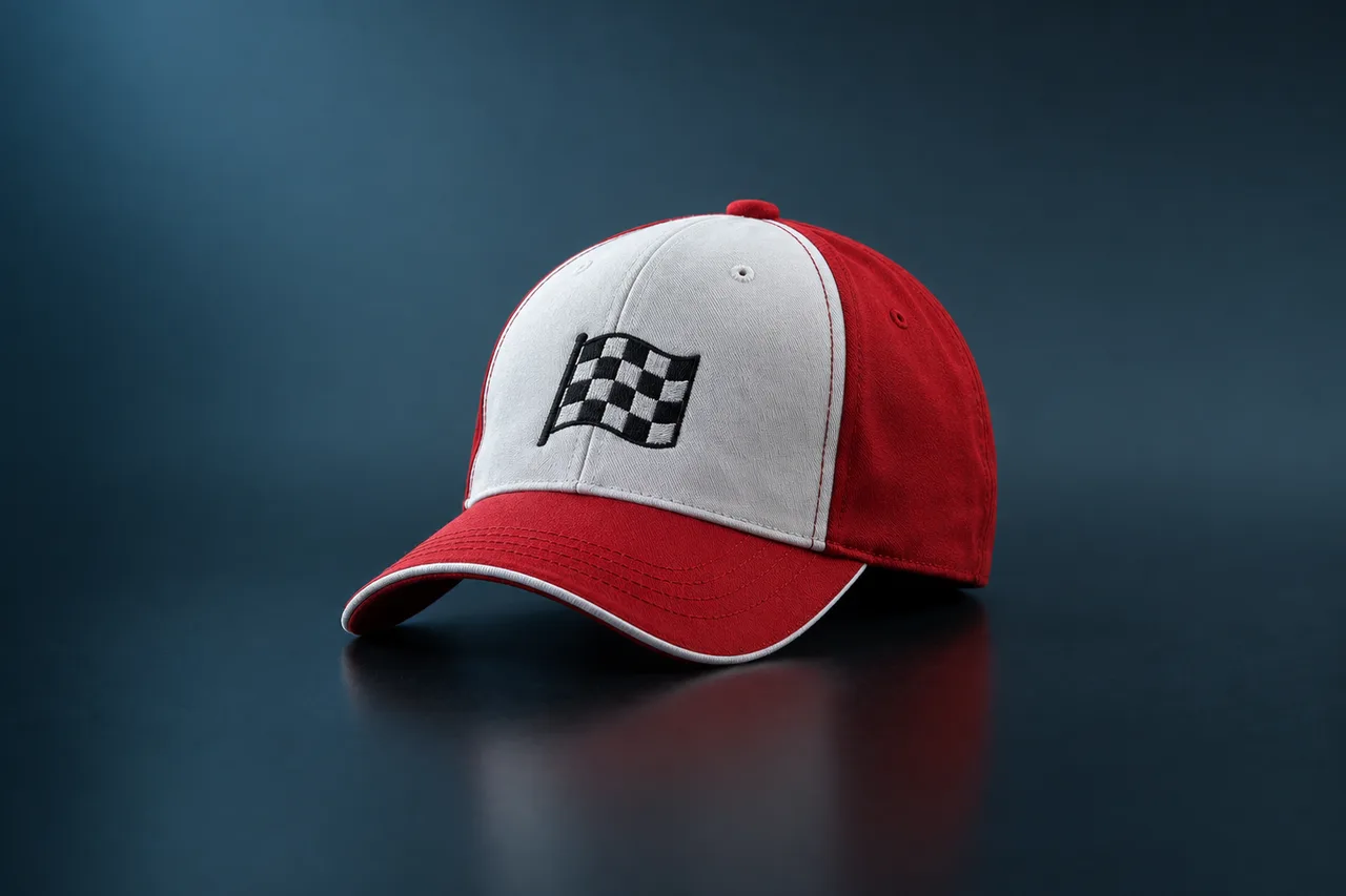 Red and white baseball cap with an embroidered chequered flag patch, placeholder render for Rod’s Racing Cap in GTA 6