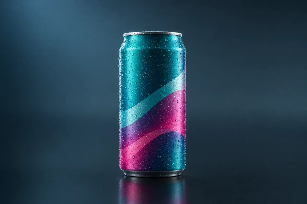 Unbranded aluminium soda can in a teal and magenta gradient with condensation, placeholder render for the GTA 6 Soda consumable