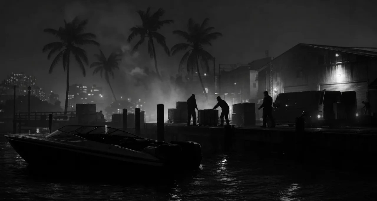 Fan concept art: a clandestine dockside meeting at a Vice City marina at night beside a speedboat