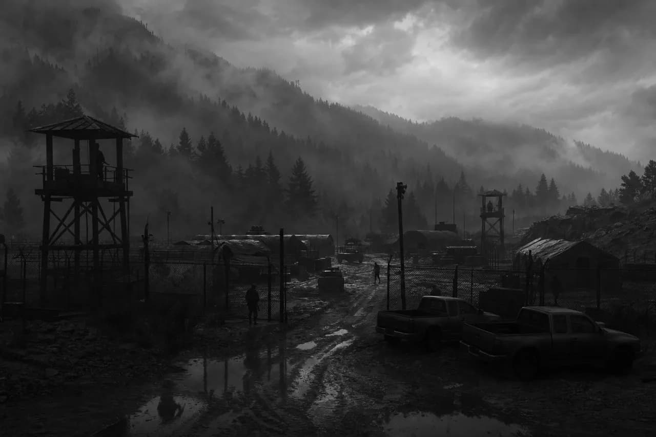 Fan concept art: a camouflaged compound at the foot of a forested mountain ridge under overcast sky
