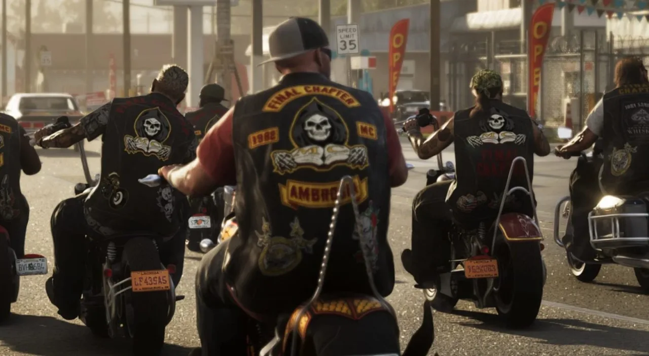 Final Chapter MC riders in their colours, with the club’s reaper patch and Ambrosia rocker, cruising down a Leonida street