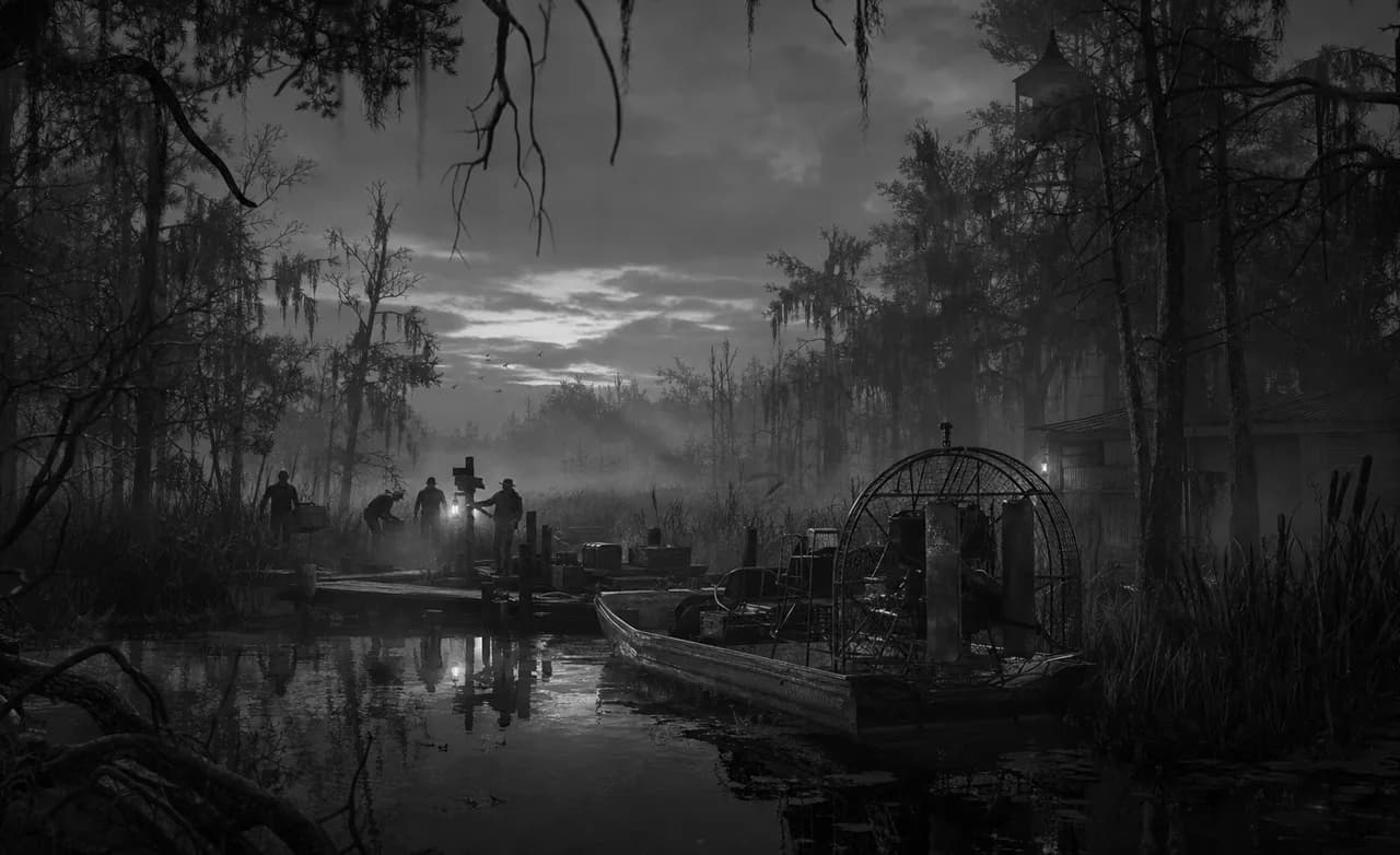 Fan concept art: an airboat hidden among dense Everglades mangroves and cypress at dusk