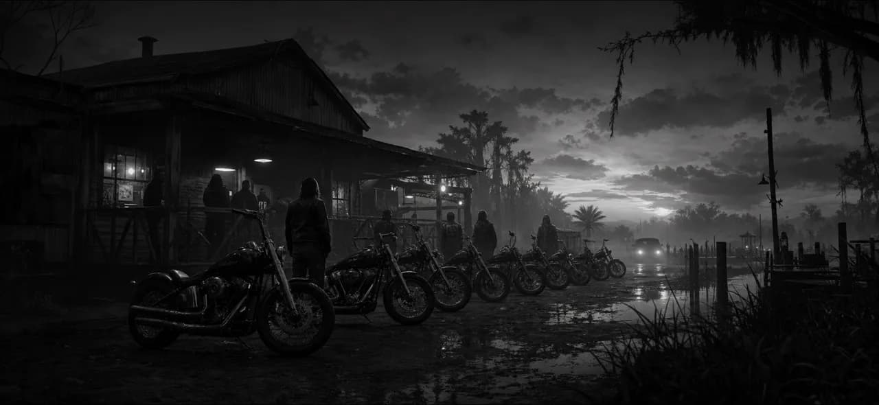 Fan concept art: a line of biker motorcycles parked outside a weathered backwater bar at dusk