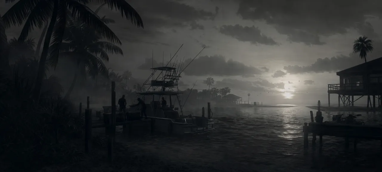 Fan concept art: a sun-bleached Florida Keys marina at dusk with figures loading a sportfishing boat