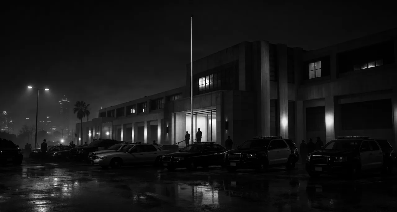 Fan concept art: a row of state patrol vehicles parked outside a stark government law-enforcement building at night