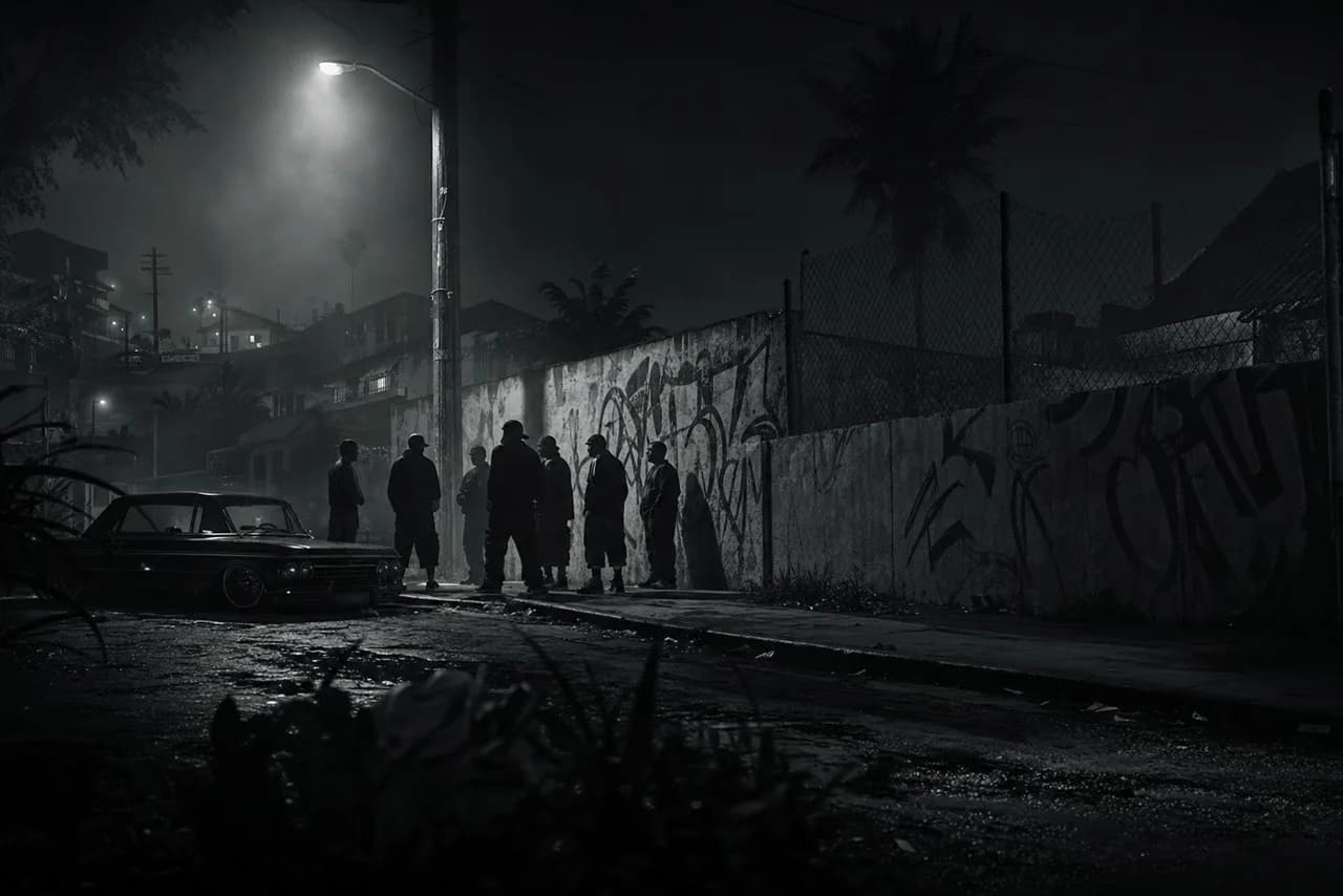 Fan concept art: a tense street corner in a rundown neighbourhood at night, figures gathered under a flickering streetlight