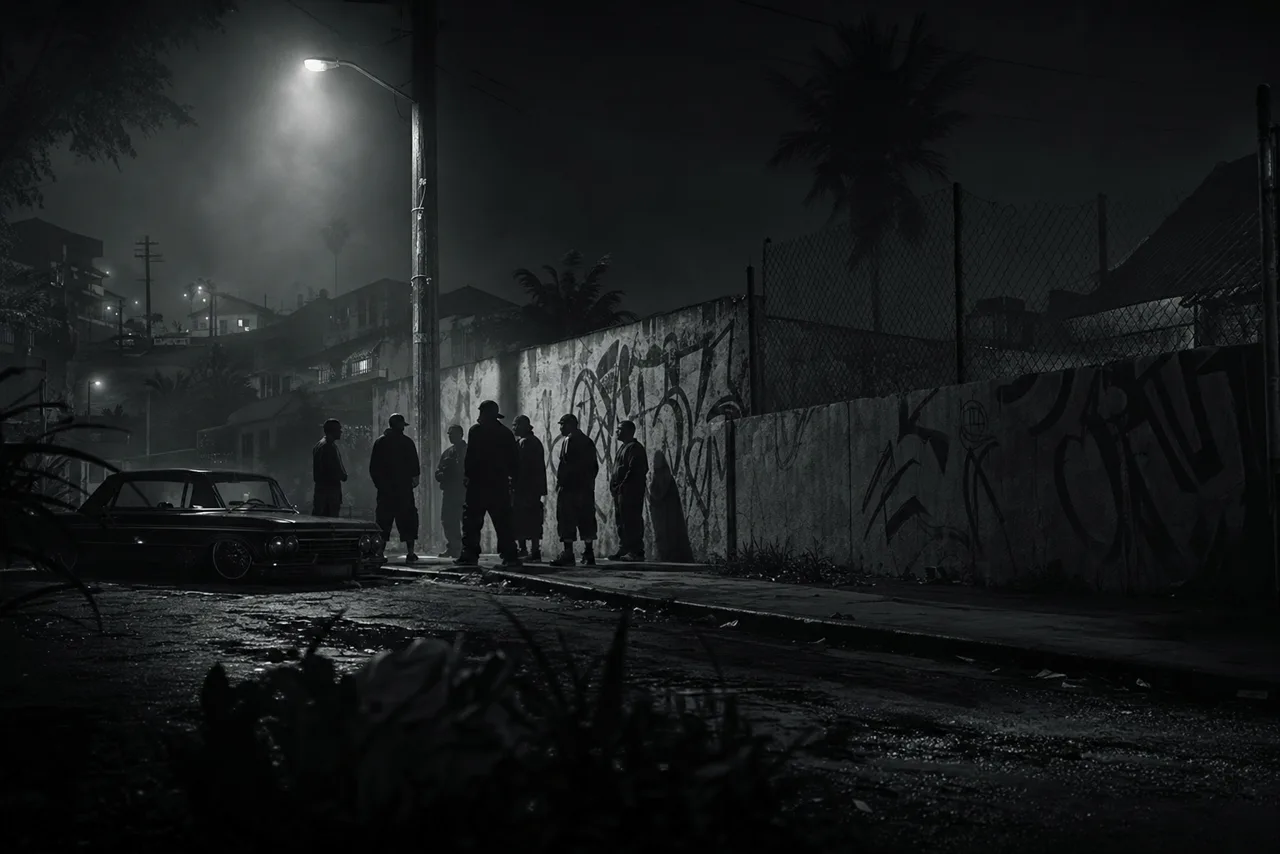Fan concept art: a tense street corner in a rundown neighbourhood at night, figures gathered under a flickering streetlight