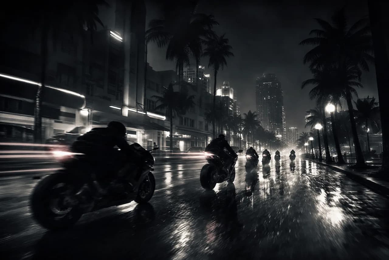 Fan concept art: a pack of sport motorcycles speeding down a wet neon-lit downtown boulevard at night