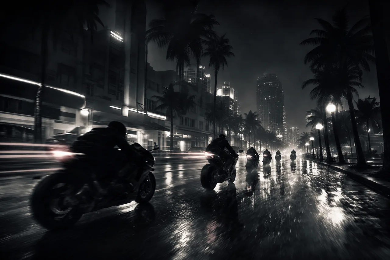 Fan concept art: a pack of sport motorcycles speeding down a wet neon-lit downtown boulevard at night