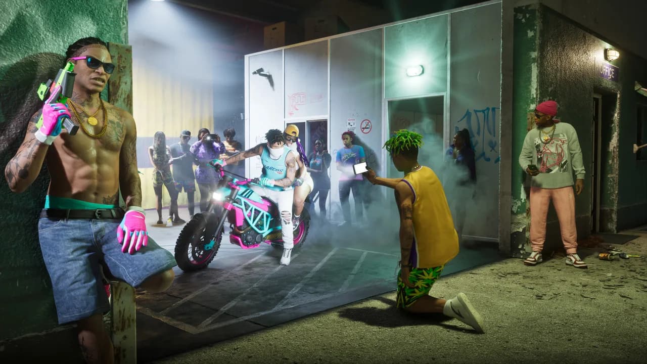 PTT Youngin$ members filming a dirt bike stunt on their phones outside a Southside compound office at night