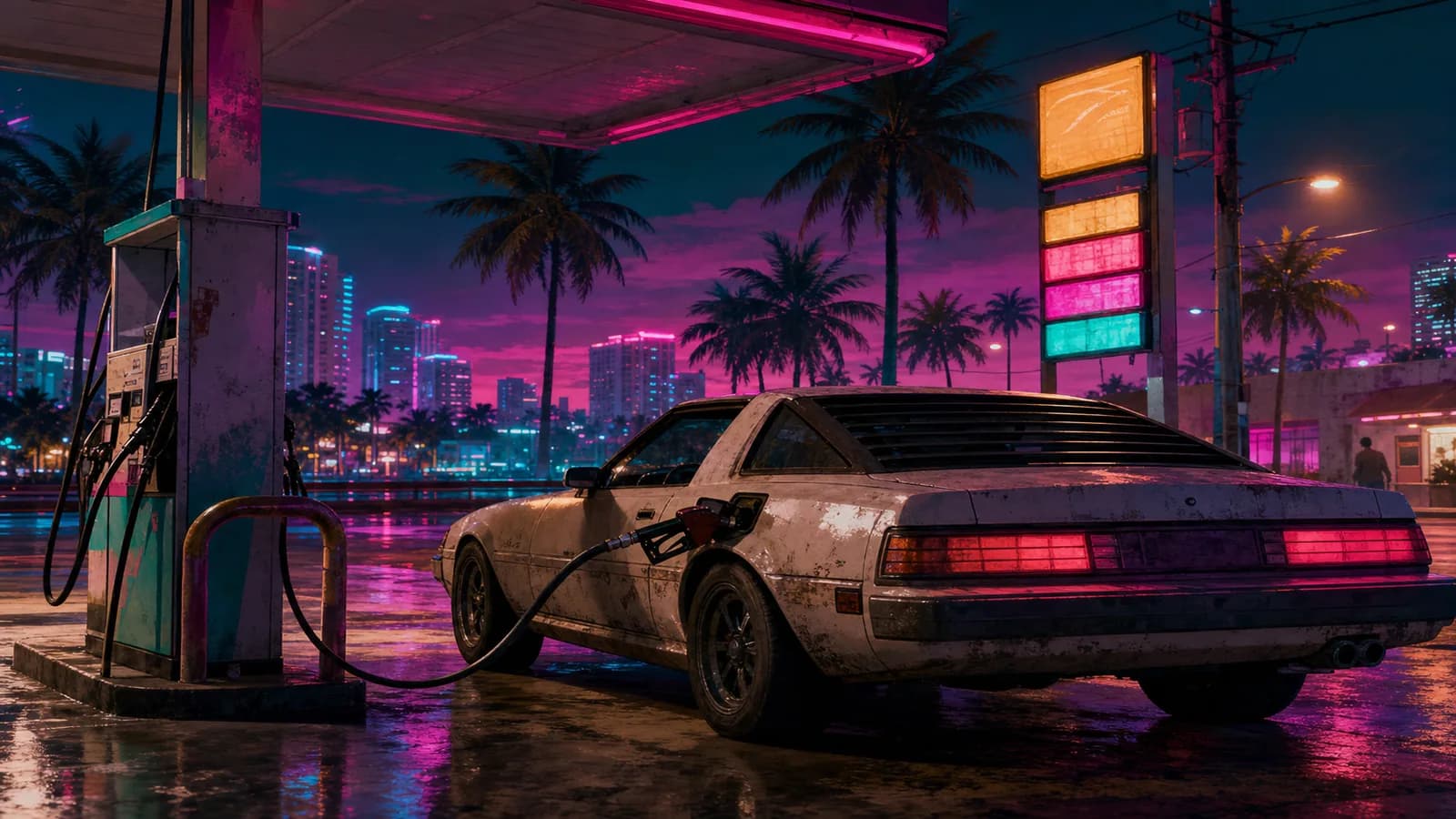 Stylised artwork of a battered sports car refuelling at a neon-lit Leonida gas station at night