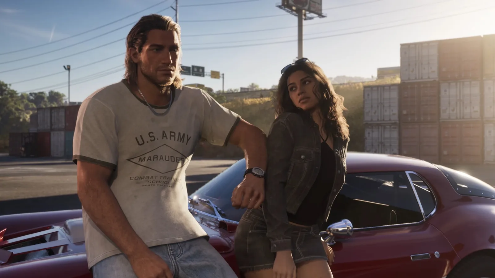 Jason in a US Army Marauders shirt and Lucia lean on a red sports car between shipping containers in the GTA 6 launch trailer