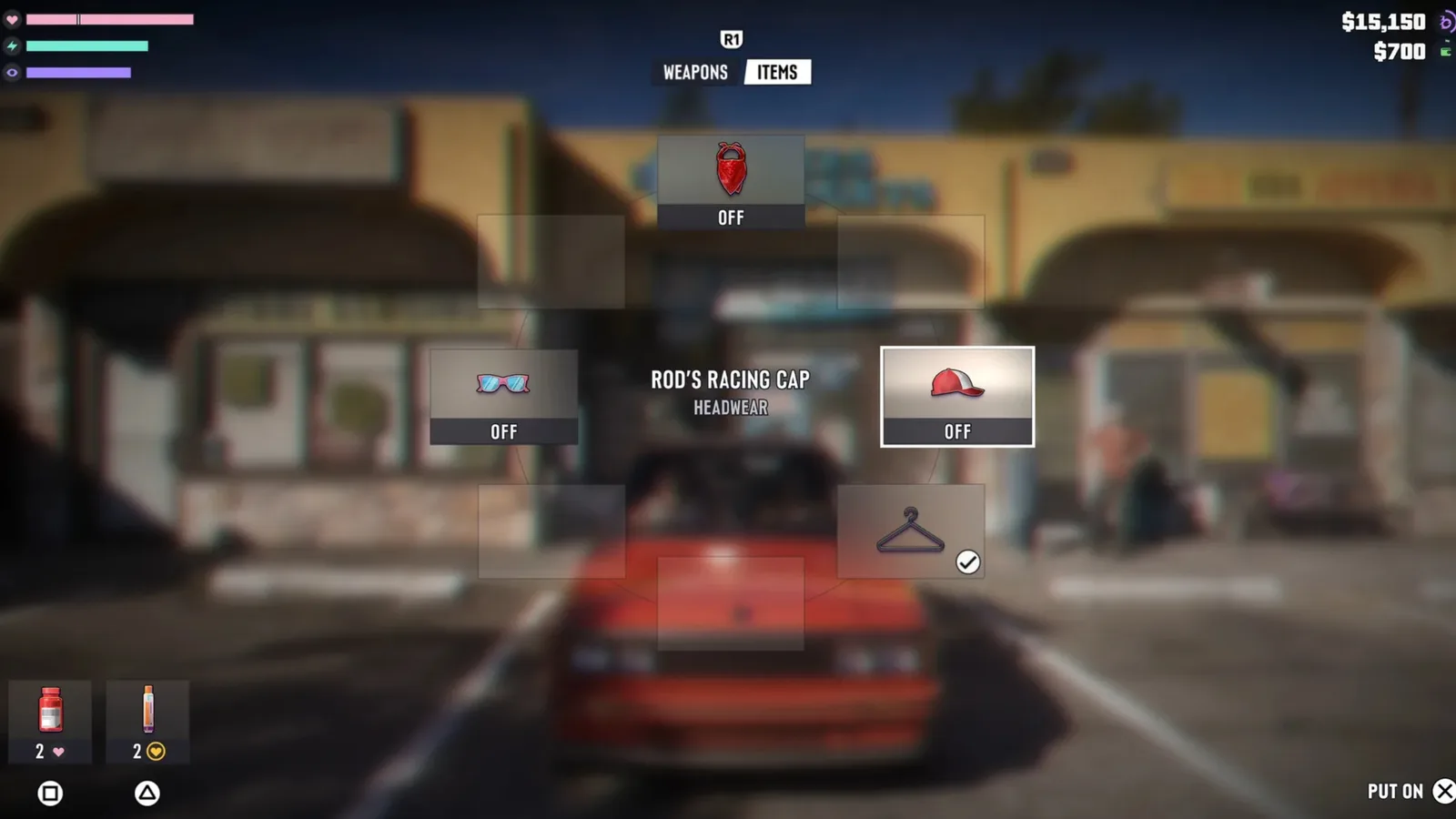 The GTA 6 item wheel open over a red muscle car, with Rod’s Racing Cap selected as headwear and health and stamina bars on screen