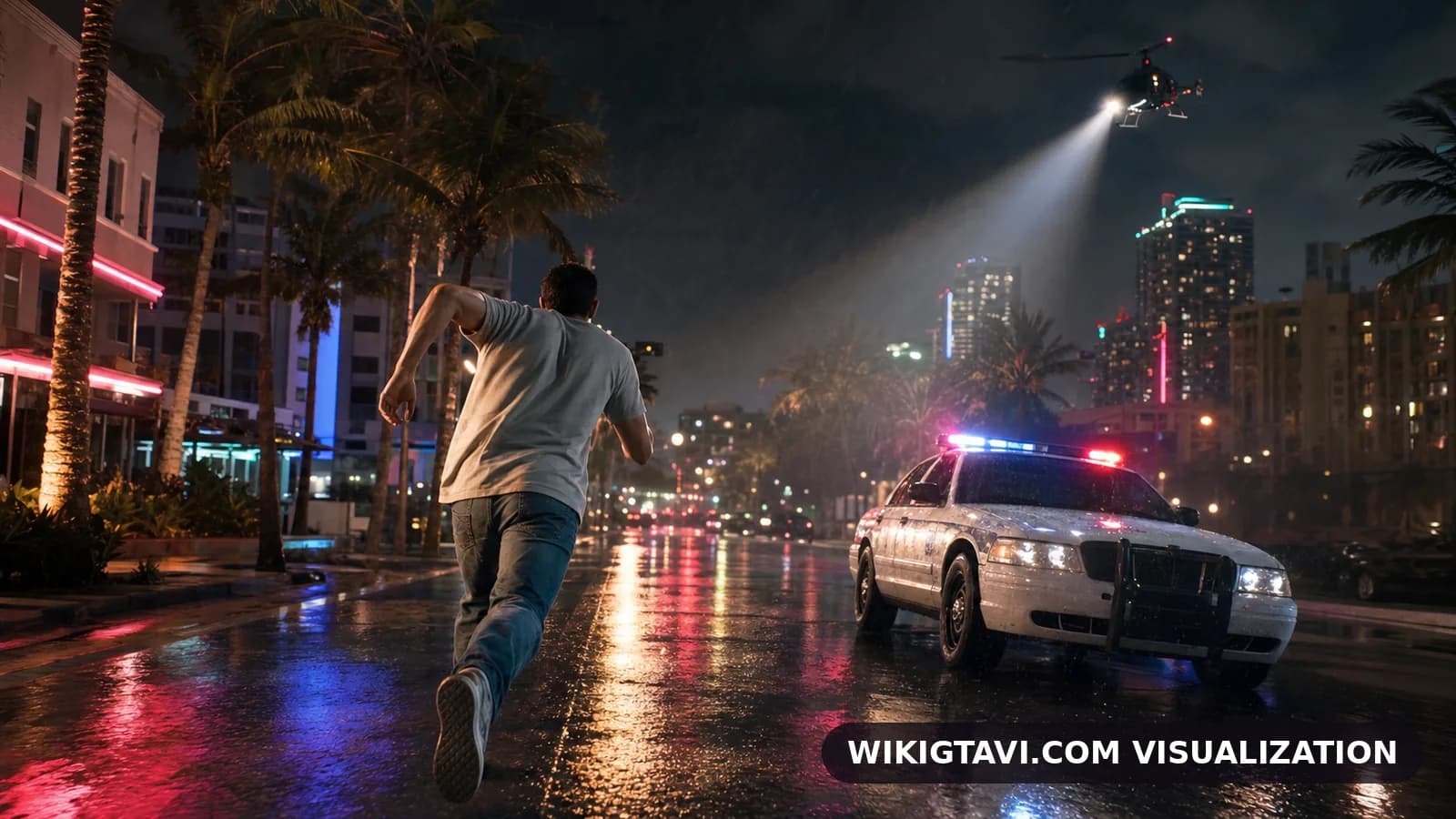 Visualization of a man fleeing a police cruiser and helicopter searchlight on a neon-lit Vice City street at night, illustrating the leaked GTA 6 wanted system
