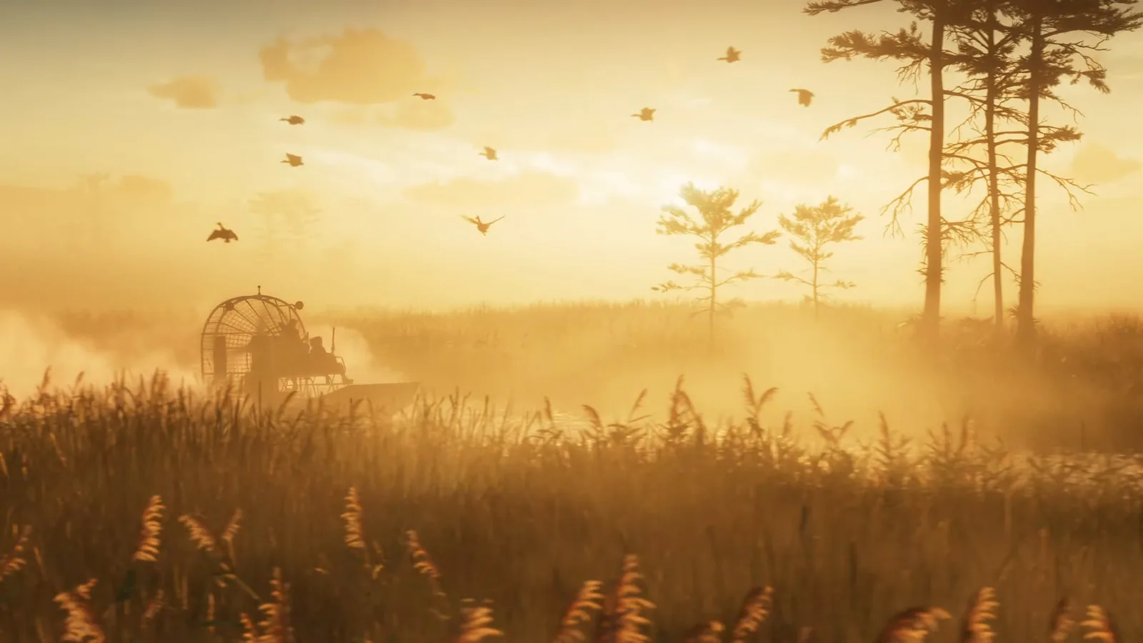 An airboat drifting through misty Leonida wetlands at sunrise with reeds and pine silhouettes in the distance, evoking the hidden corners of Rockstar’s map that only surfaced through the 2022 leak