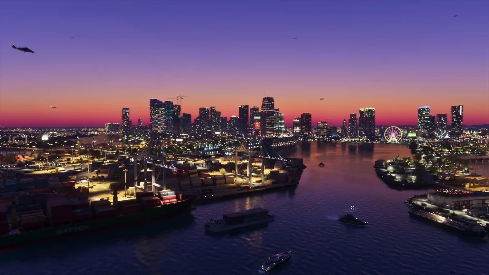 Vice City skyline at dusk with helicopters and light aircraft over Leonida, backdrop for the GTA 6 space center and SERA rocket launch discussion