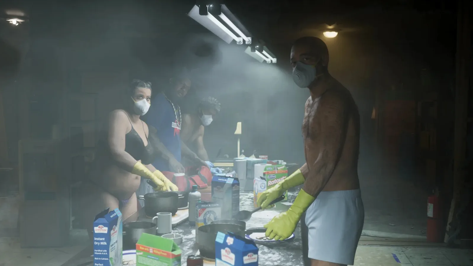 Four masked cooks working over pots and chemical cartons in a smoke-filled drug lab kitchen in GTA 6