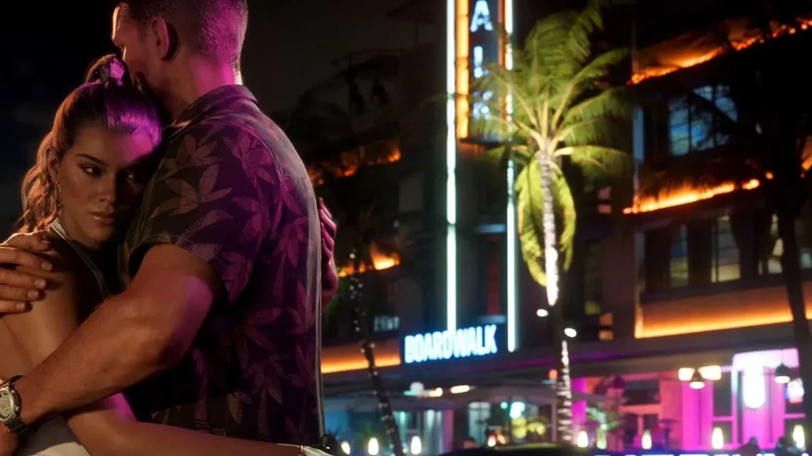 Lucia Caminos and Jason Duval standing together in neon-lit Vice City, the two protagonists of GTA 6