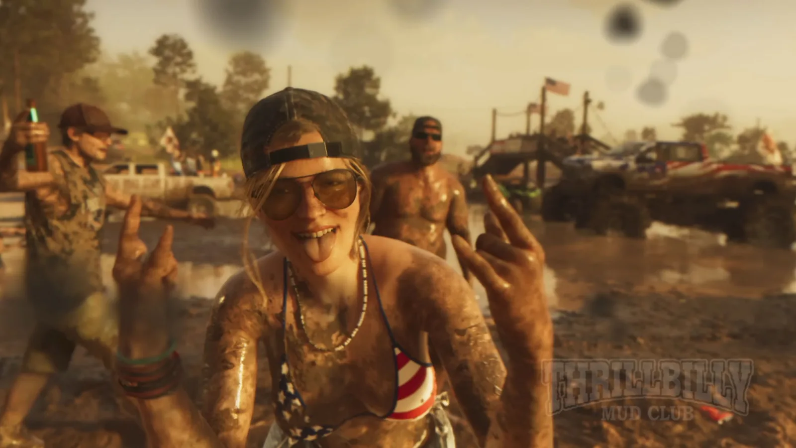 A mud-soaked crowd partying at the Thrillbilly Mud Club in GTA 6, the kind of dense character scene that takes hundreds of artists and animators to build