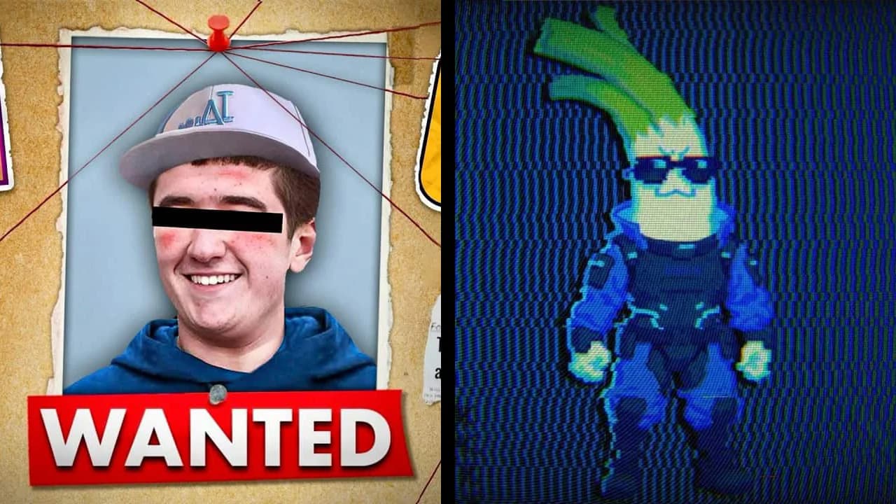 Split image of a censored WANTED poster of Arion Kurtaj next to the Cyberleek leek mascot on a CRT screen