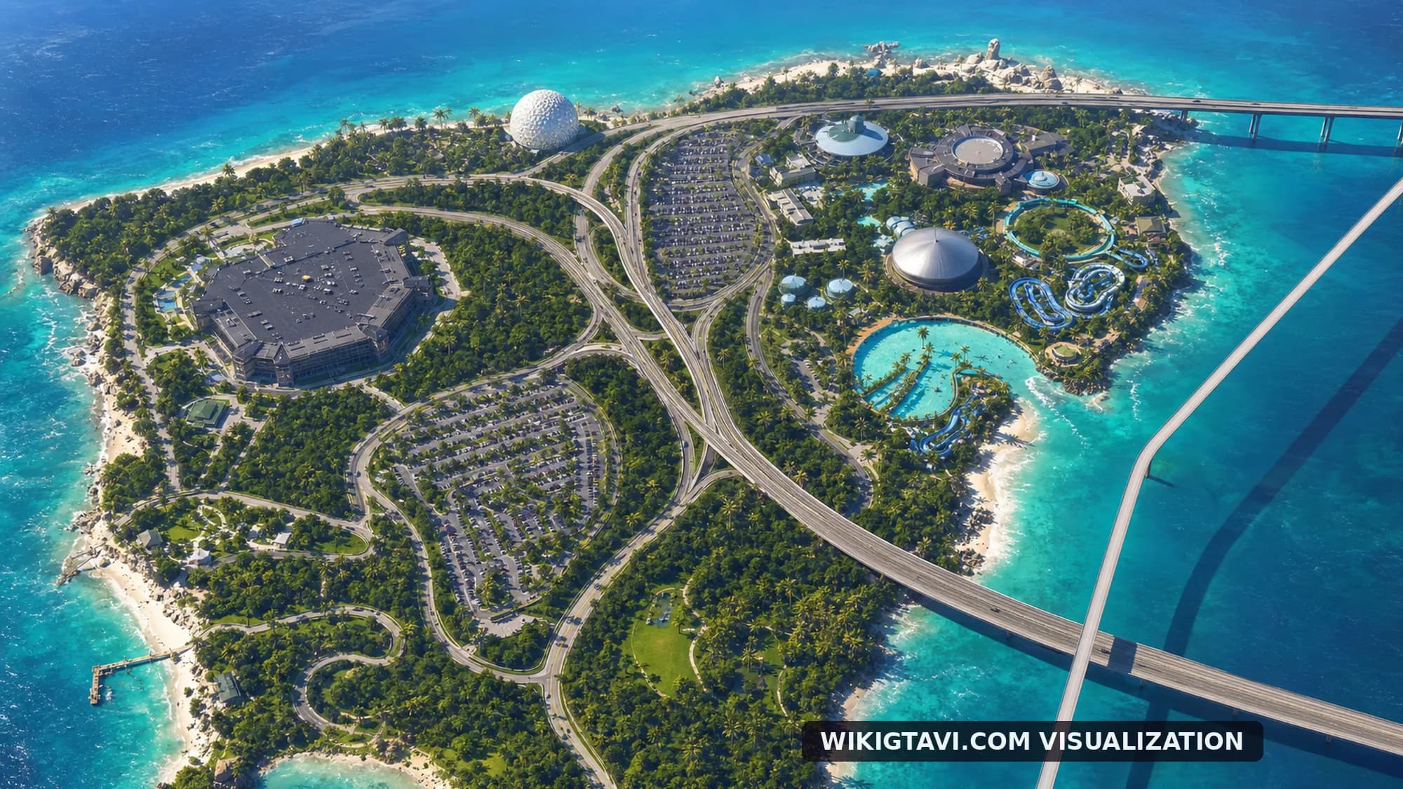 WikiGTAVI concept visualization of the Catalan Key park complex in GTA 6