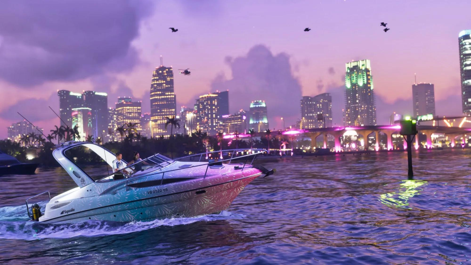 A Squalo speedboat crossing Gambit Bay at dusk in GTA 6