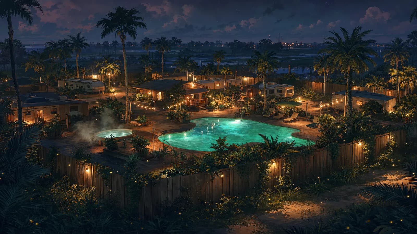 WikiGTAVI concept visualization of a naturist resort pool and cabins at night in GTA 6