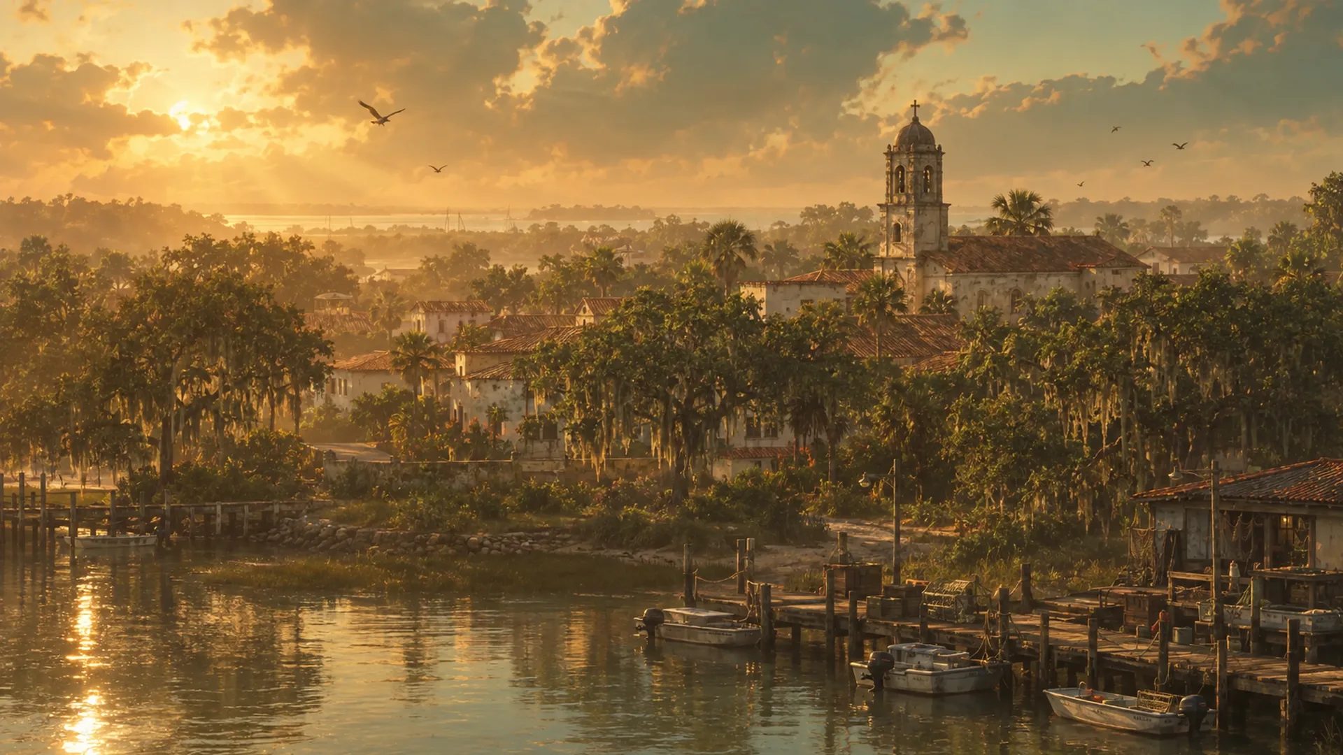 Artist’s impression of St. Joseph in GTA 6: a small coastal town with a church belltower, moss-draped oaks and a fishing pier