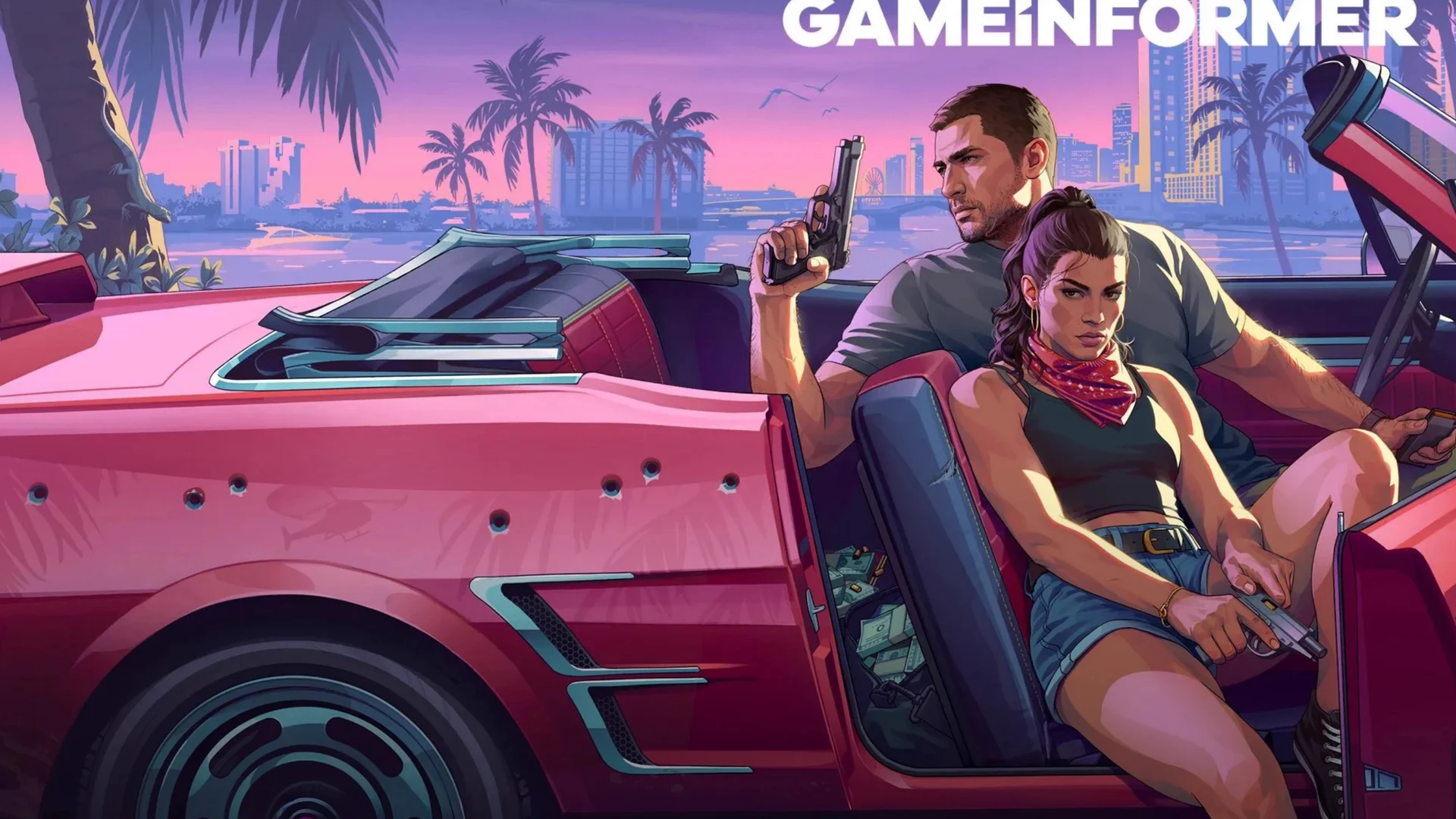 Game Informer Issue 382 cover art with Jason and Lucia armed in a bullet-scarred red convertible against the Vice City skyline