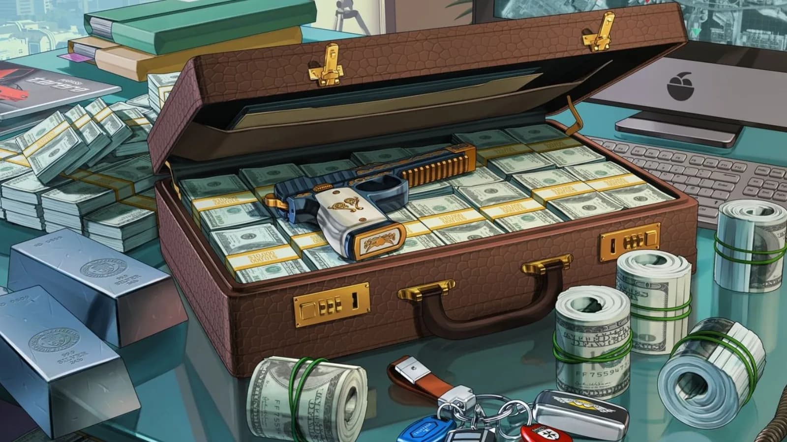 Open briefcase packed with dollar bundles beside silver bars and rolled banknotes in GTA 6 artwork