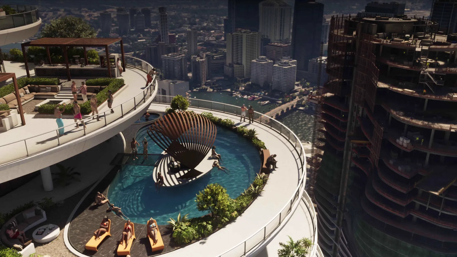 A curved rooftop pool terrace with sunbathers and a bronze sculpture overlooking downtown towers and a high-rise under construction in GTA 6