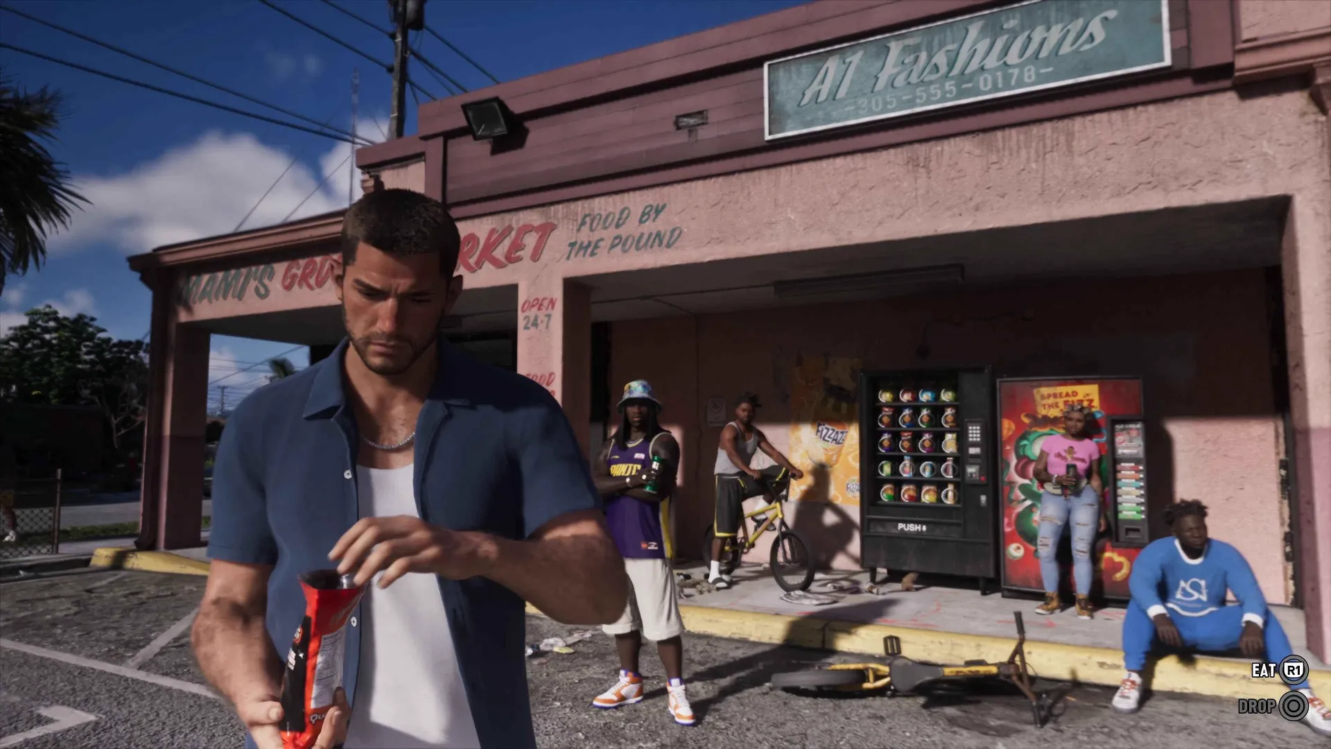 Jason in a blue shirt opens a red bag of crisps outside a pink corner shop with EAT R1 and DROP button prompts on screen in GTA 6