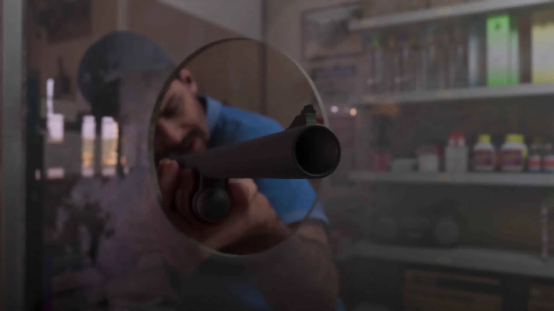 A robber in a blue shirt and cap aims a pump-action shotgun, reflected in a round security mirror above shelves of bottles in a GTA 6 convenience store