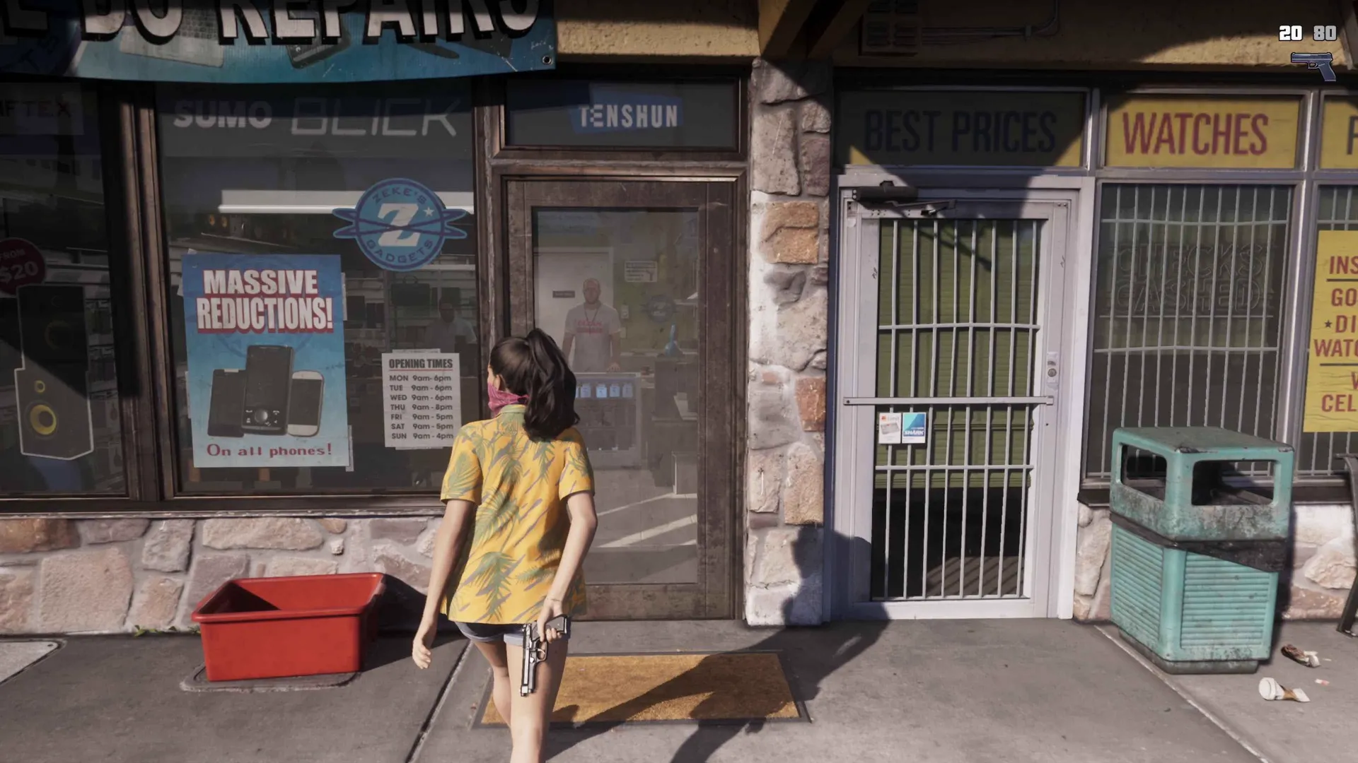 Lucia in a yellow palm-print shirt and red bandana carries a pistol past a pawn shop advertising best prices and cashed cheques in GTA 6
