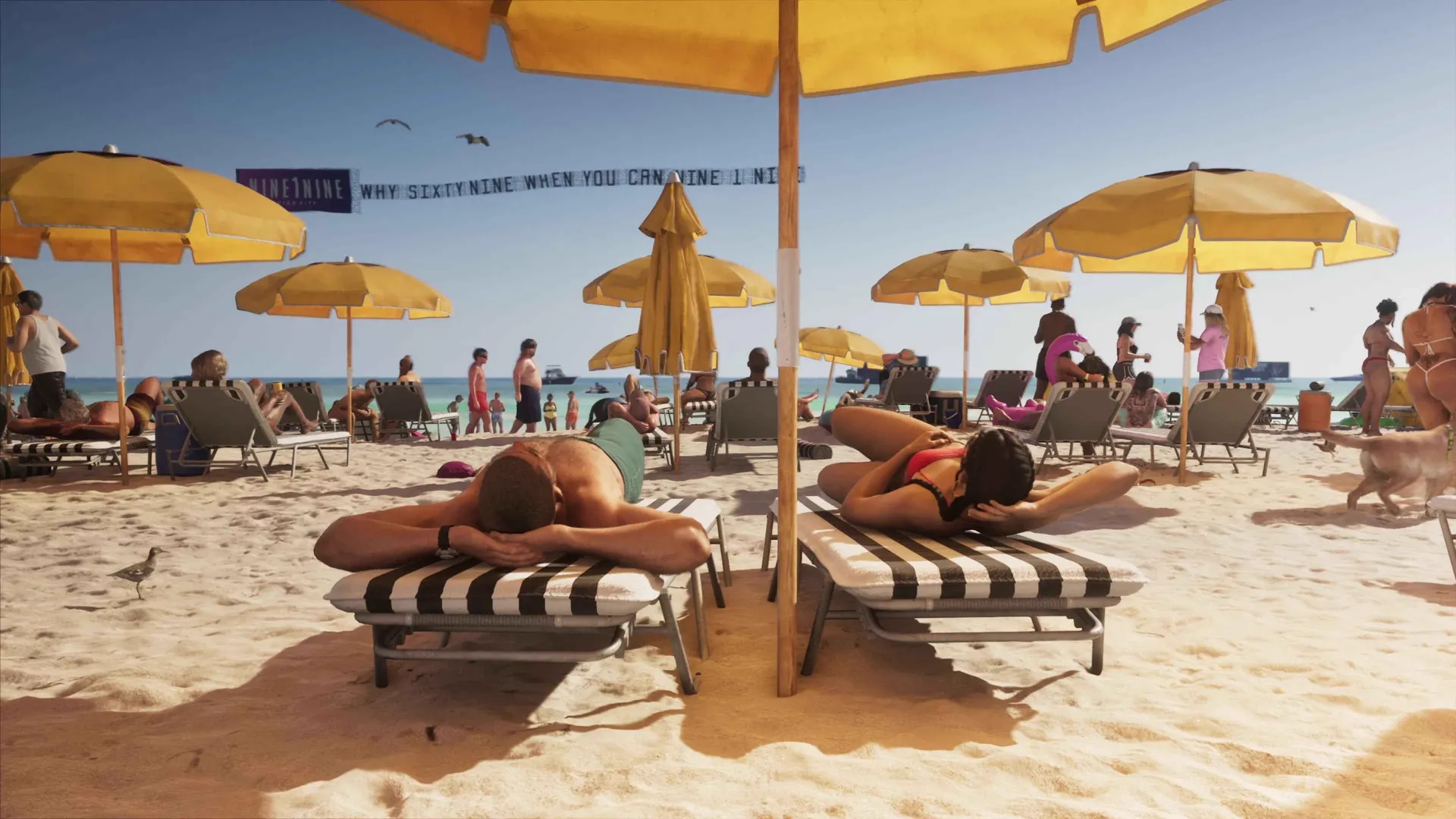 A packed GTA 6 beach under rows of yellow umbrellas, with sunbathers on striped loungers, crowds by the water, a dog running through the sand and a banner plane overhead