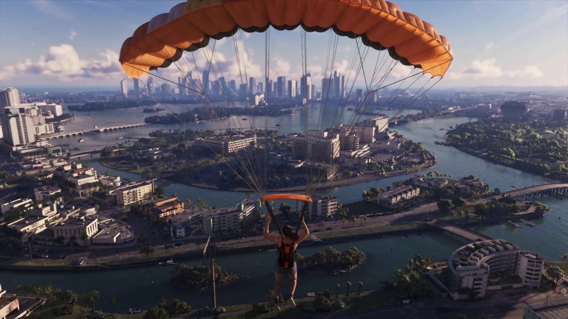 An orange parachute drifting high over Vice City and its islands in the GTA 6 Extended Look