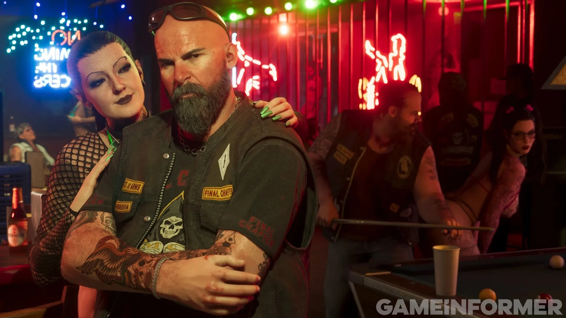 Bikers and parked motorcycles outside the neon-lit Thirsty Wolf bar at night in GTA 6