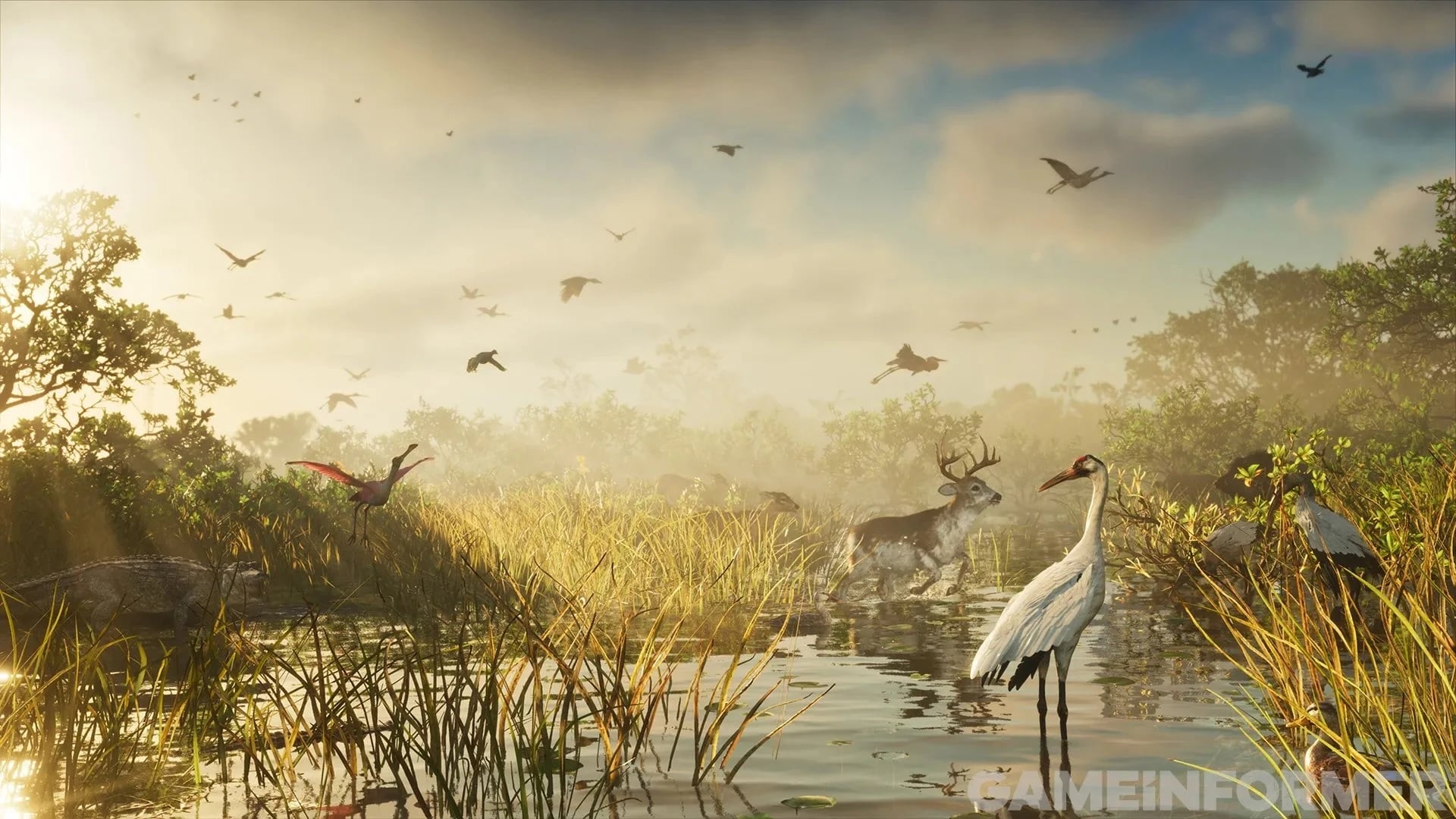 Flocks of birds lift off a misty Leonida wetland at dawn in GTA 6