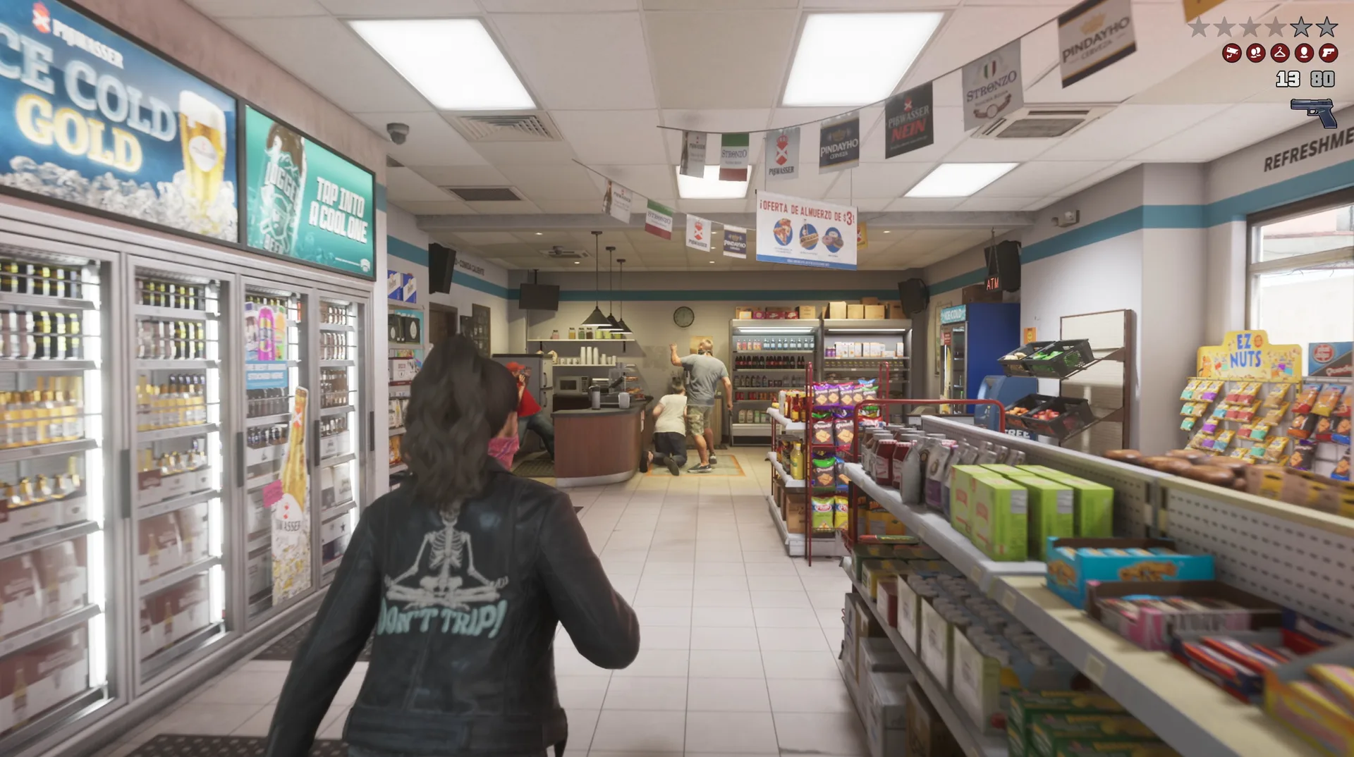 Lucia walks through a fully stocked convenience store interior in GTA 6 with drink fridges, snack aisles and a wanted level on the HUD