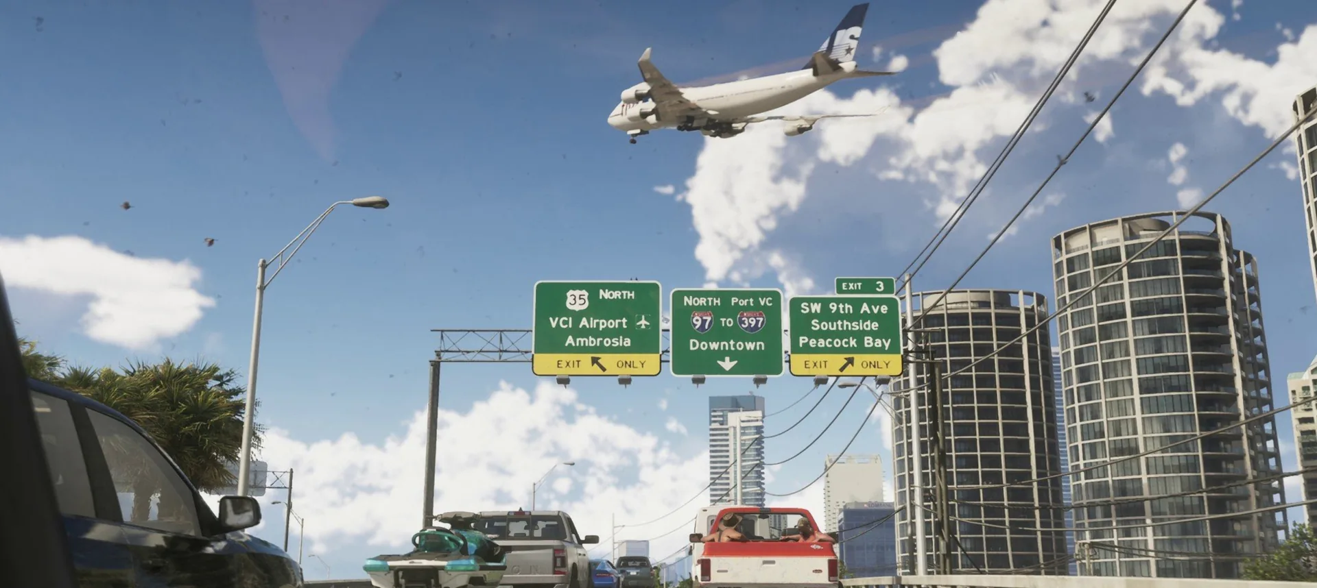 A passenger jet flies low over highway traffic beneath green exit signs for VCI Airport, Downtown and Peacock Bay in GTA 6