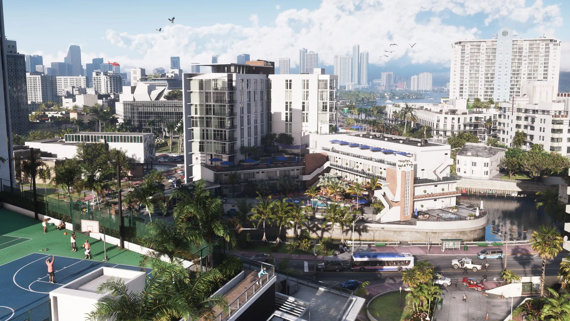 The Vice City skyline at midday with towers, palms and the bay stretching into the distance in GTA 6
