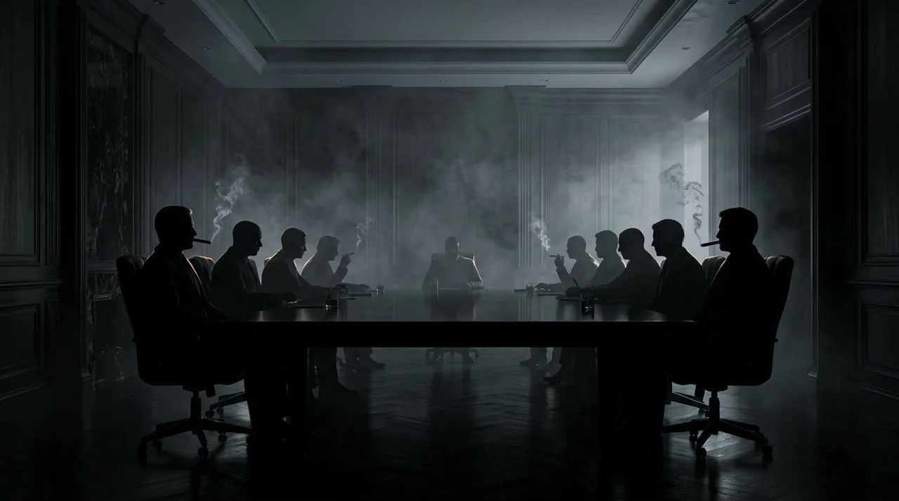 Speculative concept art of a dim criminal leadership meeting around a long table, fan theory only
