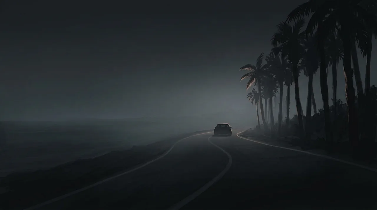 Speculative concept art of a lone car on a palm-lined coastal highway at night, fan theory only