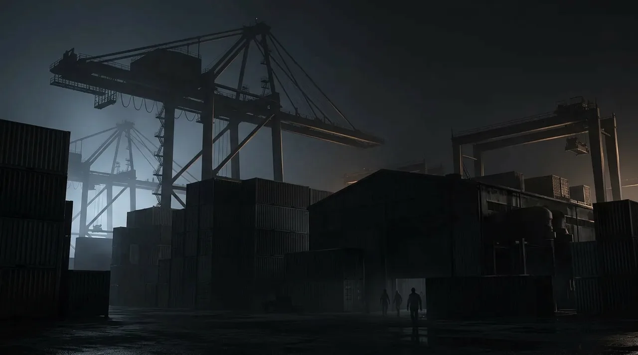 Speculative concept art of a shadowy shipping dock with crane silhouettes at night, fan theory only