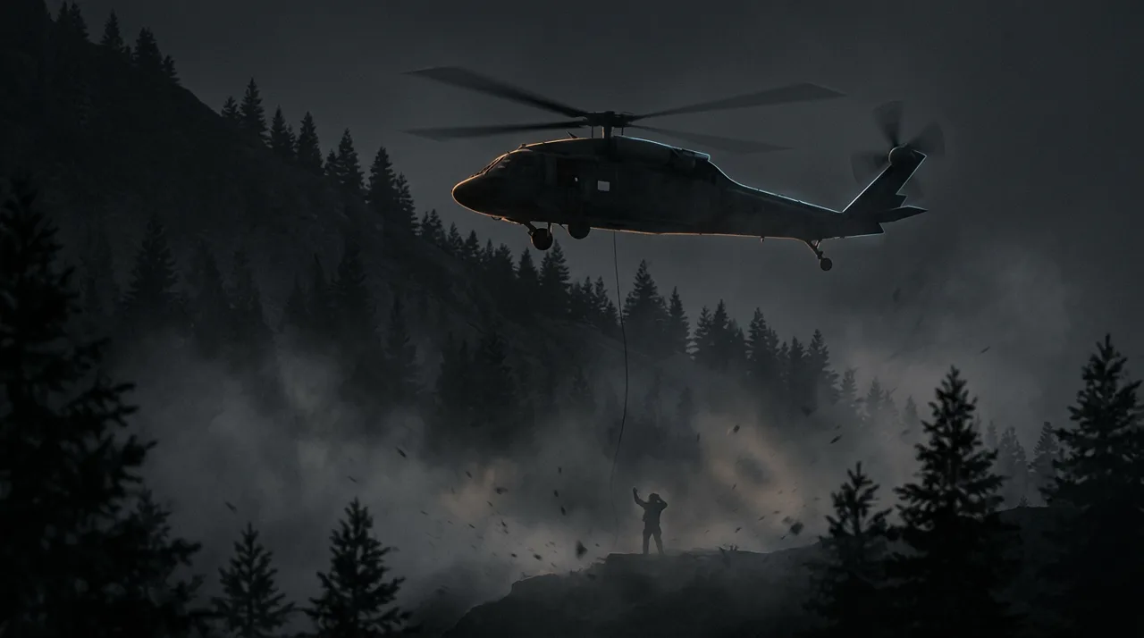 Speculative concept art of a helicopter extraction on a forested mountainside at night, fan theory only